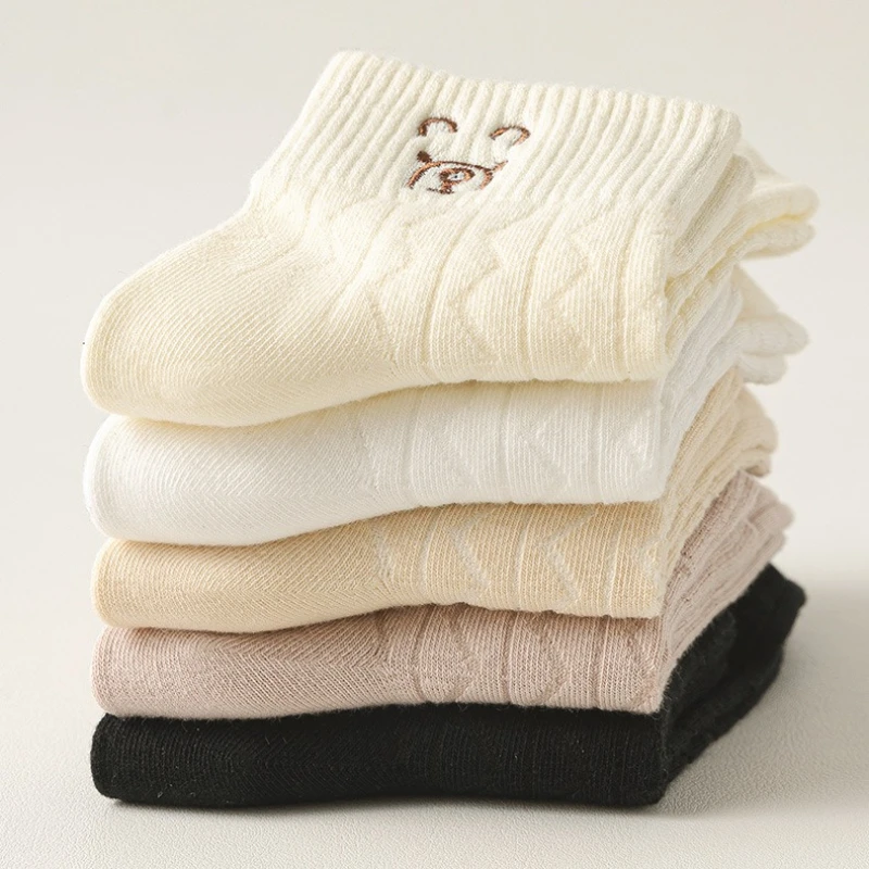 5 pares de meias de ursinho de pelúcia para mulheres primavera verão novo estilo respirável cor sólida dos desenhos animados bonito simples meias casuais