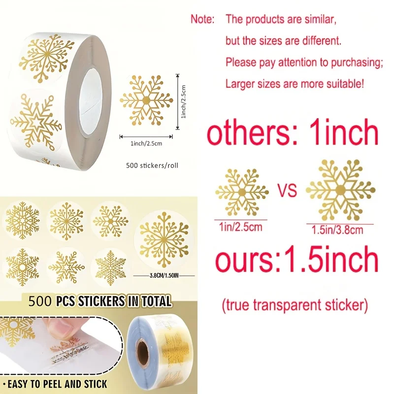 500pcs/roll, 1.5" -Self-Adhesive 6Design,glitter Gold & Silver Snowflake Labels for Cards, Gifts Wrap, Parties decor Sticker