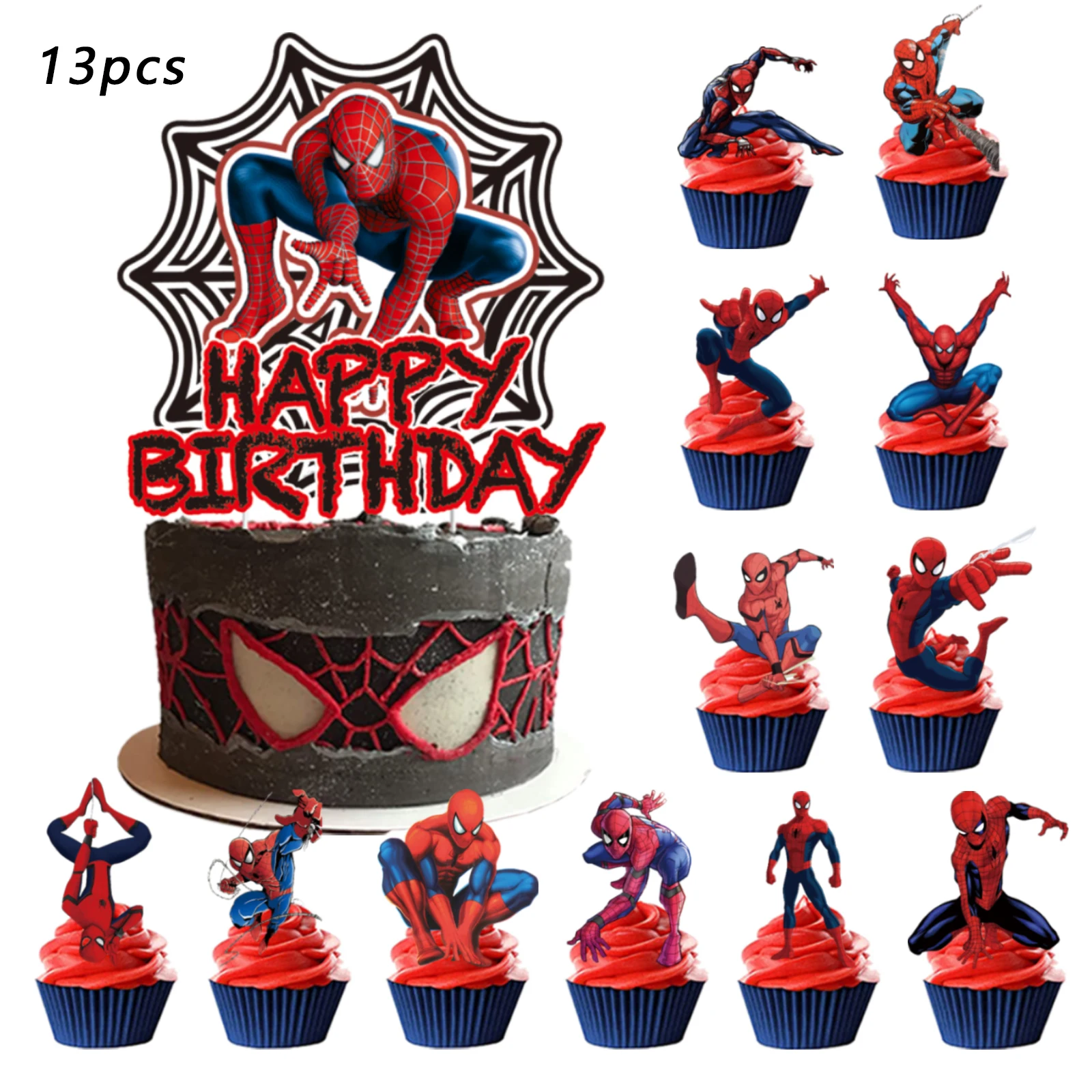 Spider-Man Cake Topper、Cupcake Toppers for Kids Happy Birthday Cake Decoration  Spider-Man birthday Party Gift，Cake Decorations