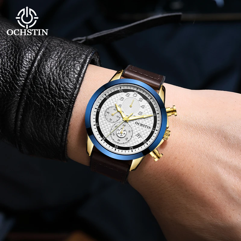 OCHSTIN Man Leather Strap Waterproof Watches Quartz Movement Luminous Hands Men's Luxury Magnetic Buckle Navigator Series Clock
