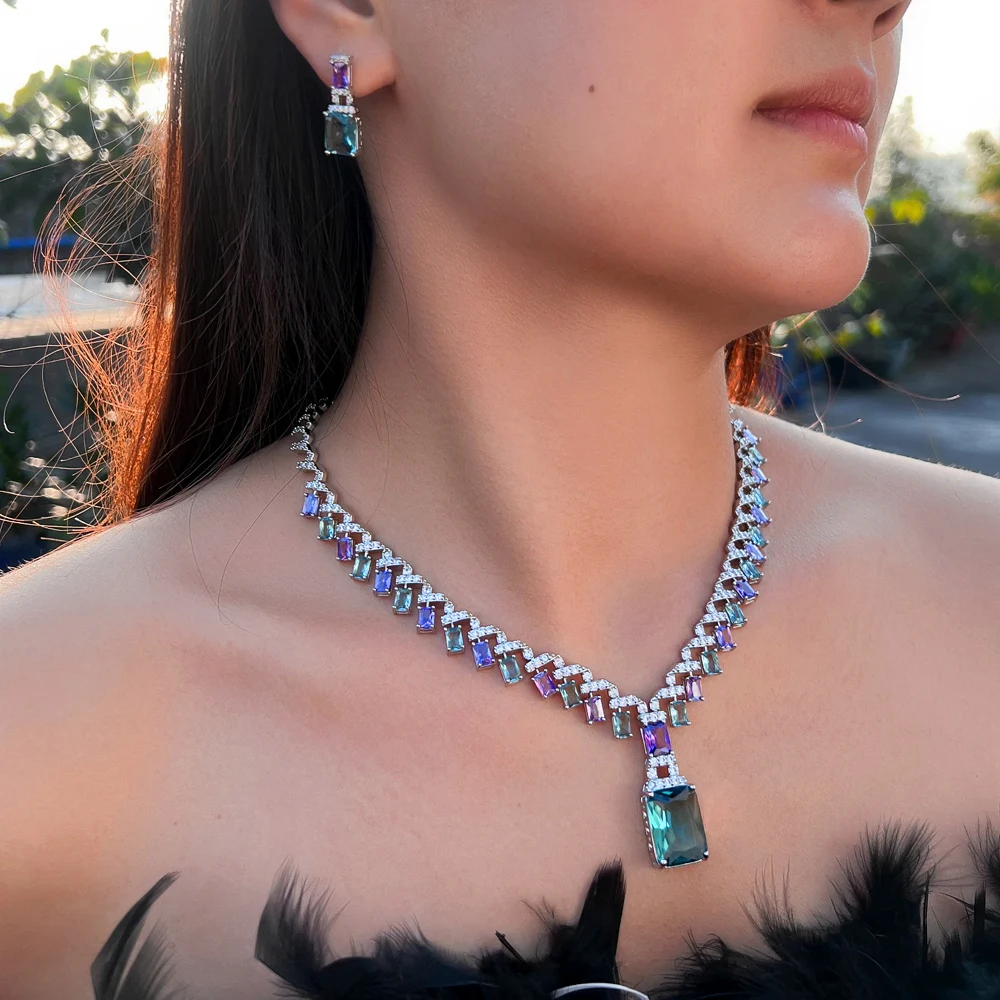 CWWZircons Wunderschöne Lila-Blaue Zirkon-Kristall-Halskette, Hängender Brautschmuck, Party-Schmucksets für Frauen, Großhandel T0605 – Detail 1