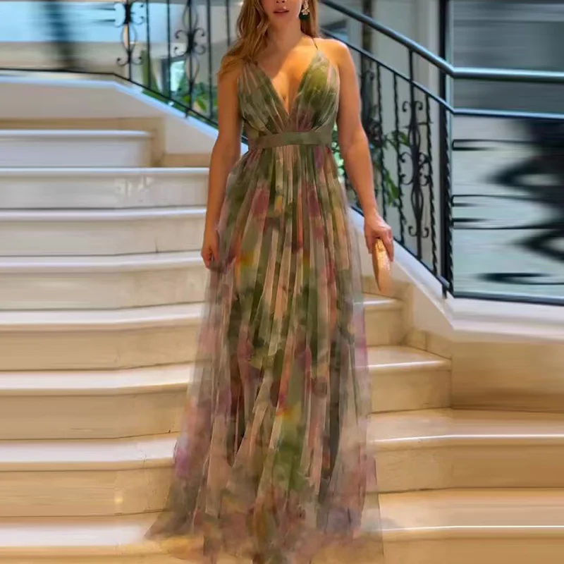 Boho Style Floral Print Mesh Long Dress Women 2025 Spring V Neck High Waist Swing Party Dress SUmmer Sleeveless Sling Maxi Dress