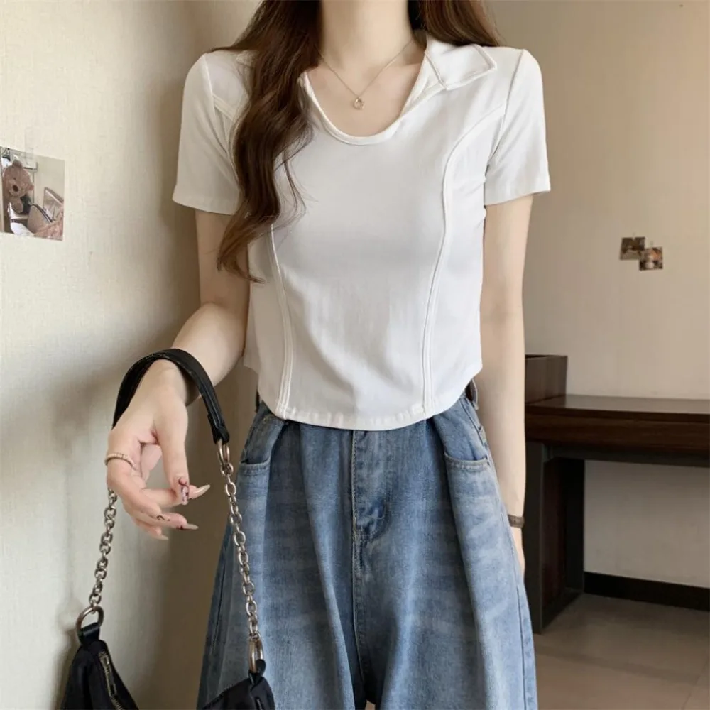 

Мягкая футболка с v-образным вырезом и короткими рукавами, пуловер, облегающие укороченные топы Y2k, женские шикарные блузки с вырезом «рыбий кости», летние