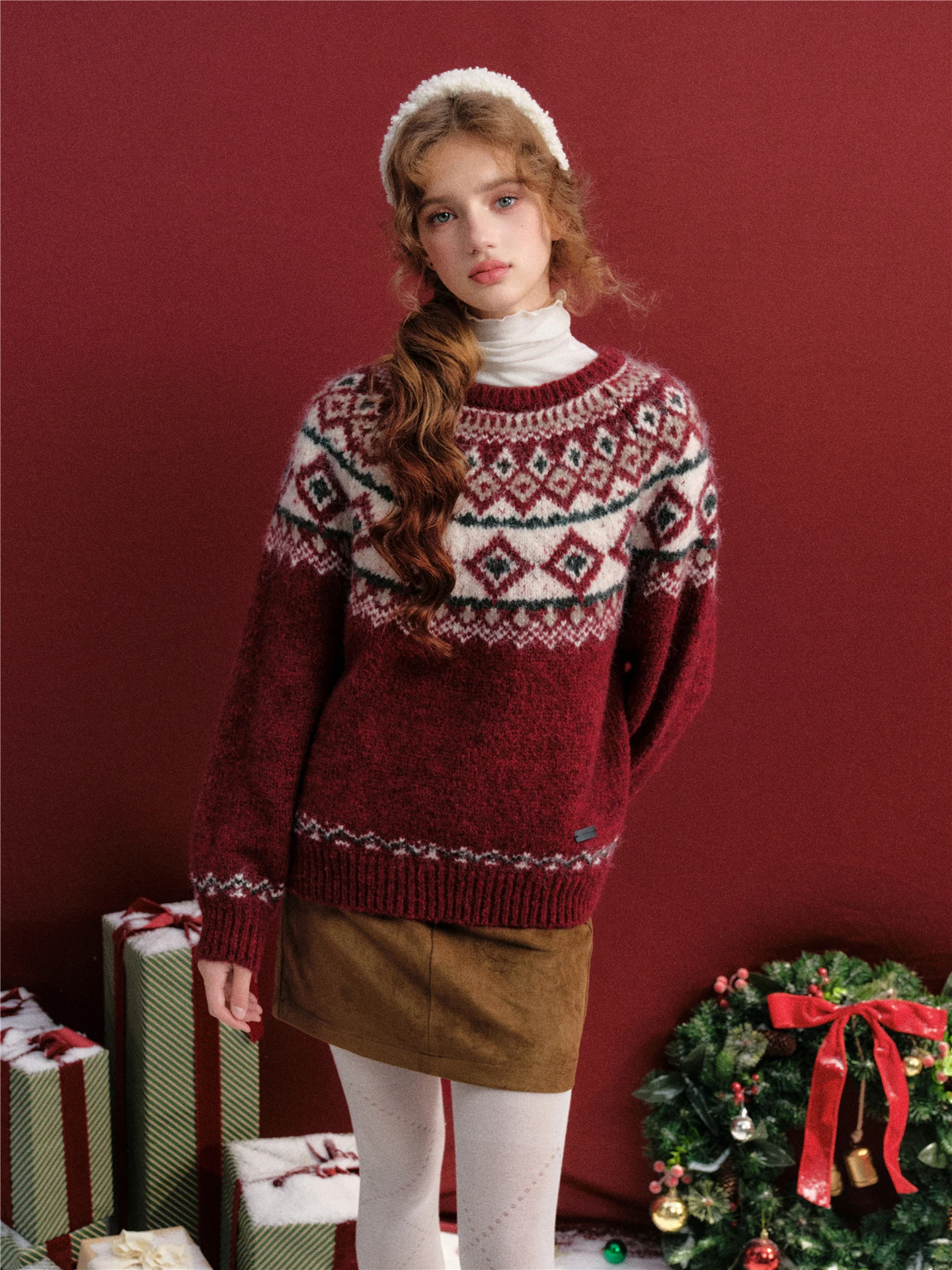 

Cisas Retro Fair Isle Knitted Sweater Women's round Ne Pullover with Knitted Hat Floral Geometric Pattern Loose Fit