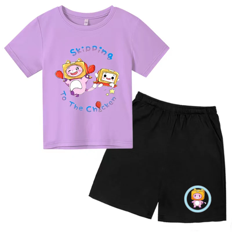 Gola redonda t-shirt set para crianças, esportes casuais de manga curta e shorts, 2d caixa impressa, para meninas e meninos de 3 a 12 anos de idade, novo