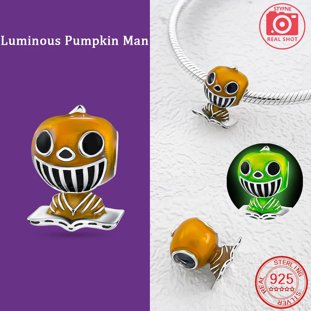 Halloween Series 925 Pure Silver Horror Orange Night Light Pumpkin Car Ghost Face Decoration Pendant  Fit DIY Bracelet Jewelry