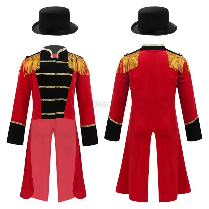 

❤️❤️❤️Adult Men Red Circus Ringmaster Costume Long Sleeve Tassels Tailcoat Jacket with Hat Halloween Cosplay Outfits❤️⭐️❤️