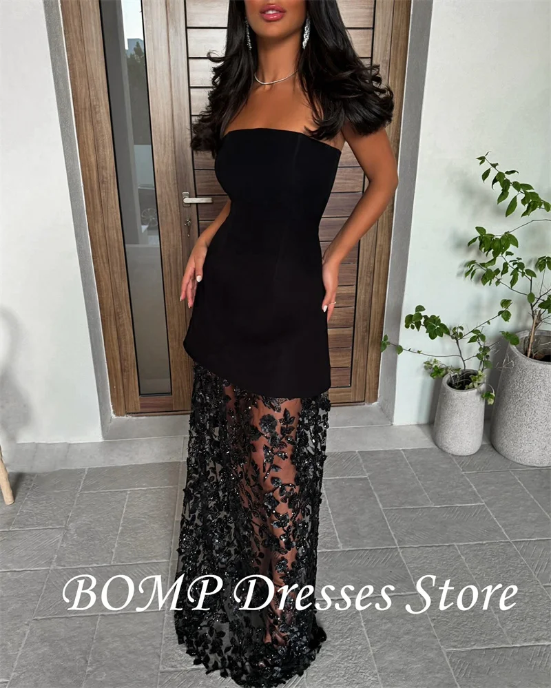 BOMP Black Formal Evening Dresses Lace UnderSkirt Arabic Women Strapless Prom Occasion Party Dress Customized Wedding Party