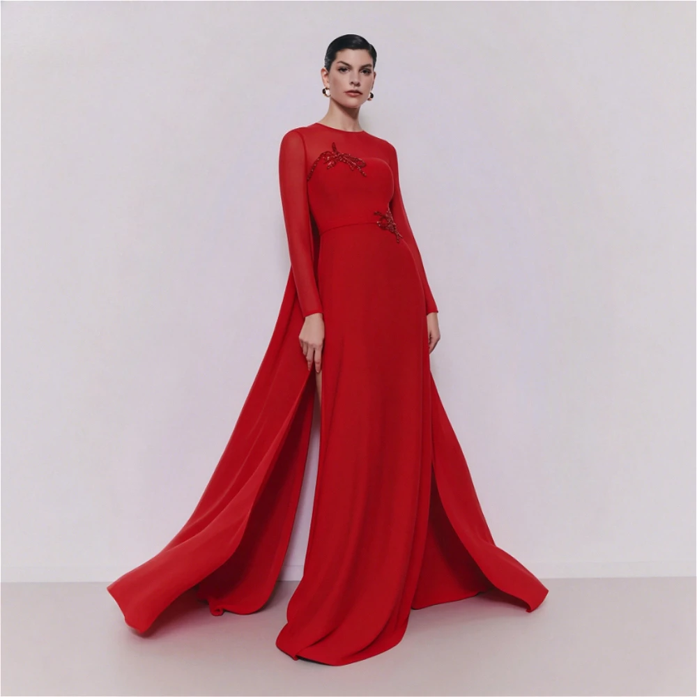 Customized Red Long Sleeve Chiffon Formal Evening Gown Beaded Floral Appliqué Side Split Flowing Cape Train Maxi Party Dress