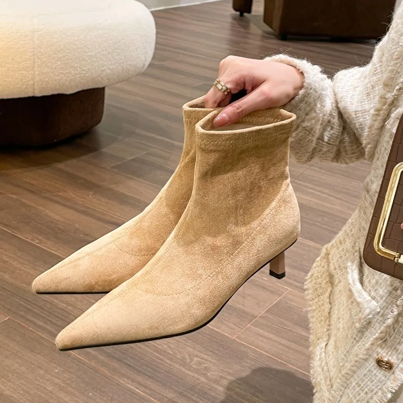 2024 New Women\'s Ankle Boots Fashion Slip-on Ladies Elegant Short Boots Stiletto Heel Chelsea Shoes