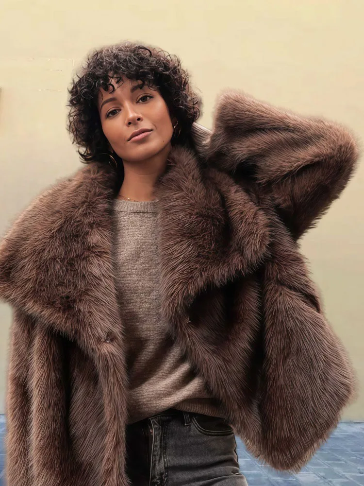 Retro Long Sleeved Fur Jacket for Women Solid Color Lapel Faux Fur Cardigan Tops Fashion Ccasual Thickened Warm Overcoat