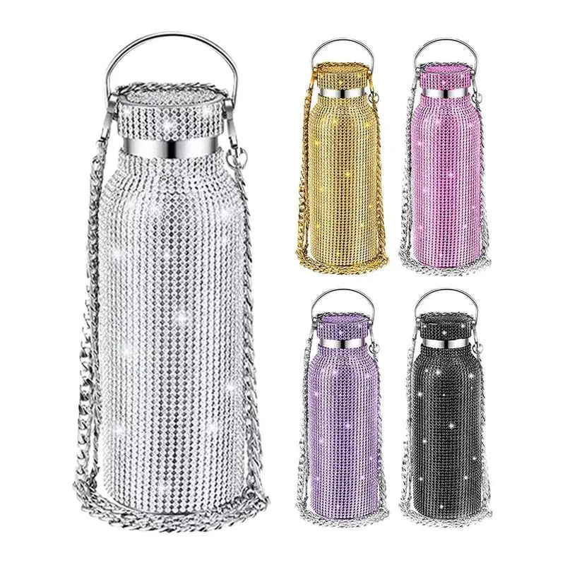 350ml Bling Diamond Thermos Bottles Portable Glitter Rhinestone Water Bottle Crossbody Stainless Steel Insulated Thermal Flask