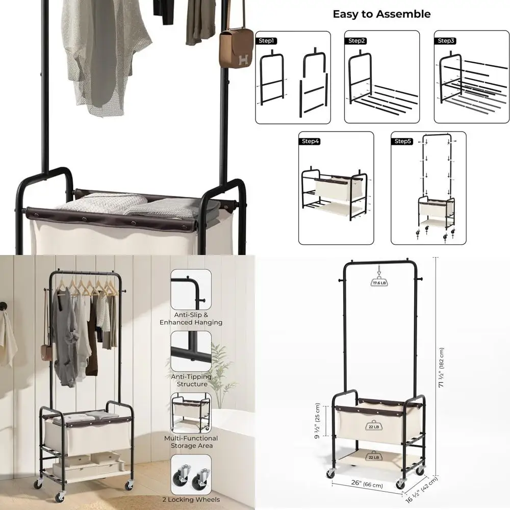 عربة غسيل دوارة باللون البيج مع قضيب تعليق وسلة تخزين للفرز #1