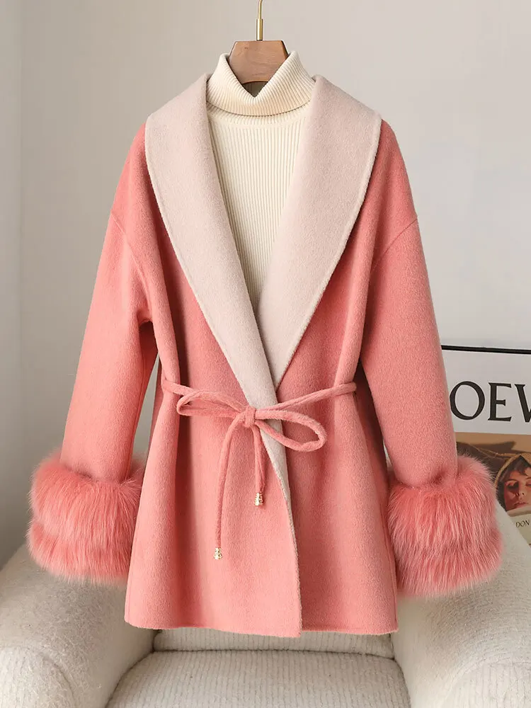 

Новинка Осень/Зима 2024, двухстороннее кашемировое пальто, женская накидка премиум-класса из меха и травы, шерстяное пальто