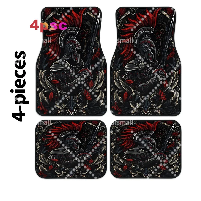 Spartan Warrior Helmet Print Car Mats, 4pcs Set, Fit For Multiple Car Models, All-Season Use, Stylish Minimalist Design, Easy T