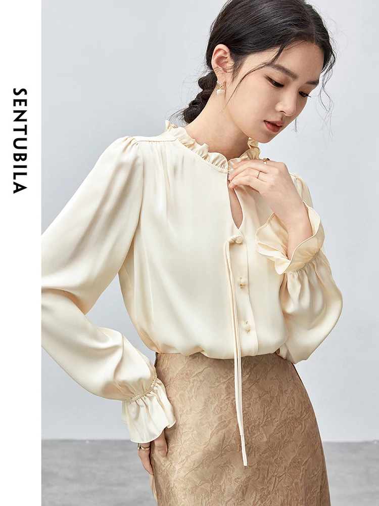 

SENTUBILA Elegant Woman Shirt 2025 Autumn French Style Ruffled Neck Lantern Sleeve Office Lady Apricot Shirts Luxury 143C55441