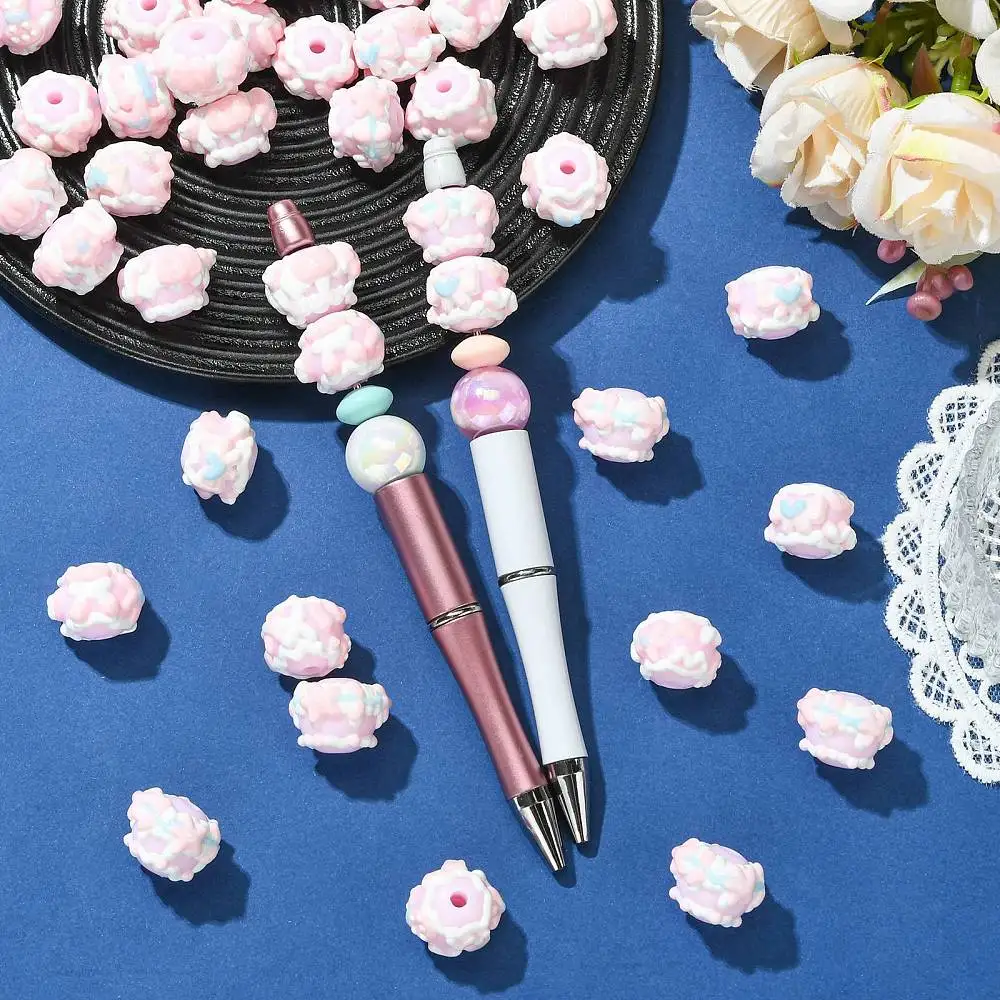 40pcs Hand Painted Round Opaque Acrylic Beads Pink Bowknot Floral Dotted Loose Beads for Bracelet Necklace Jewelry Making Crafts