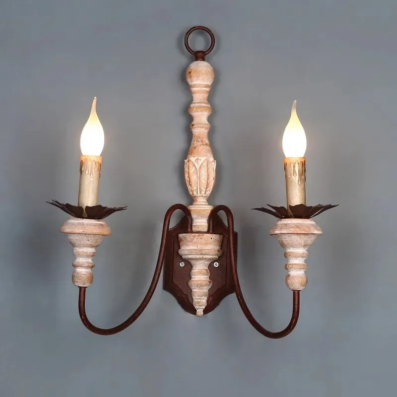 

American Retro French Wall Lamp Fixture Double Headed Bedroom Bedside Lamp Living Room Corridor Solid Wood Iron Wall Sconce