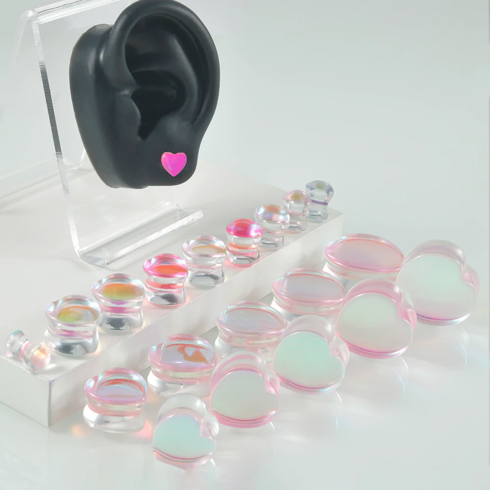 2Pcs Natural Glass Sparkle Heart-shaped Ear Gauge Tunnels Plugs Ear Expander Stretcher Body Jewelry