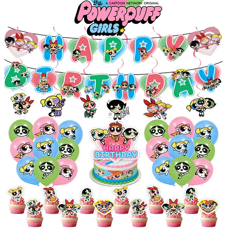 PowerPuff fiesta de cumpleaños temática para niñas, imagen de Anime, figura de acción, decoración, pancartas, inserciones de pastel, globo, accesorio para Festival, venta al por mayor