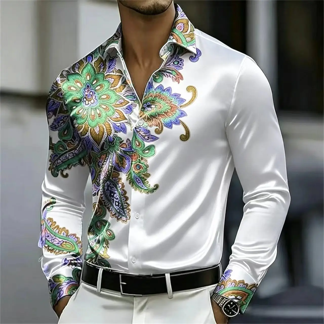 Men's Satin Paisley Printed Shirt Luxury Glossy Long Sleeve Casual Button Down Dress Shirts Nightclub Party Wear