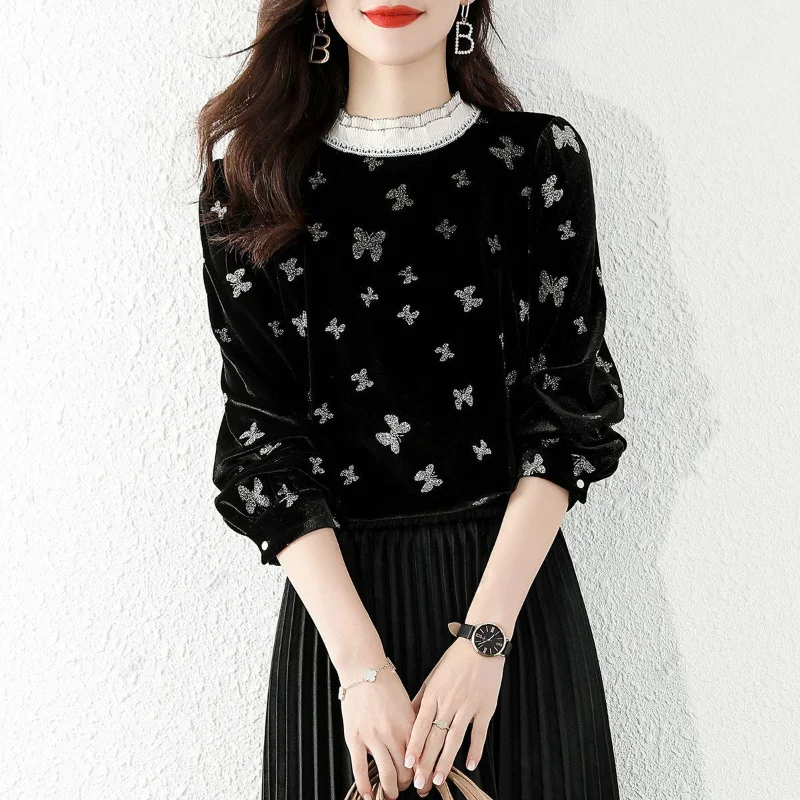 

Autumn Casual Versatile Design Butterfly Print Gold Velvet Ears Half High Neck T-shirt for Women