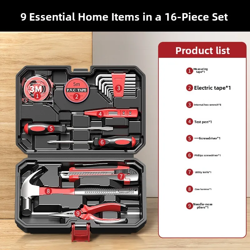 16Pcs Household Hand Tool Kit Multifunctional Home Repair Tool Set with Storage Case, Claw Hammer, Pliers, Screwdrivers, Tape Me