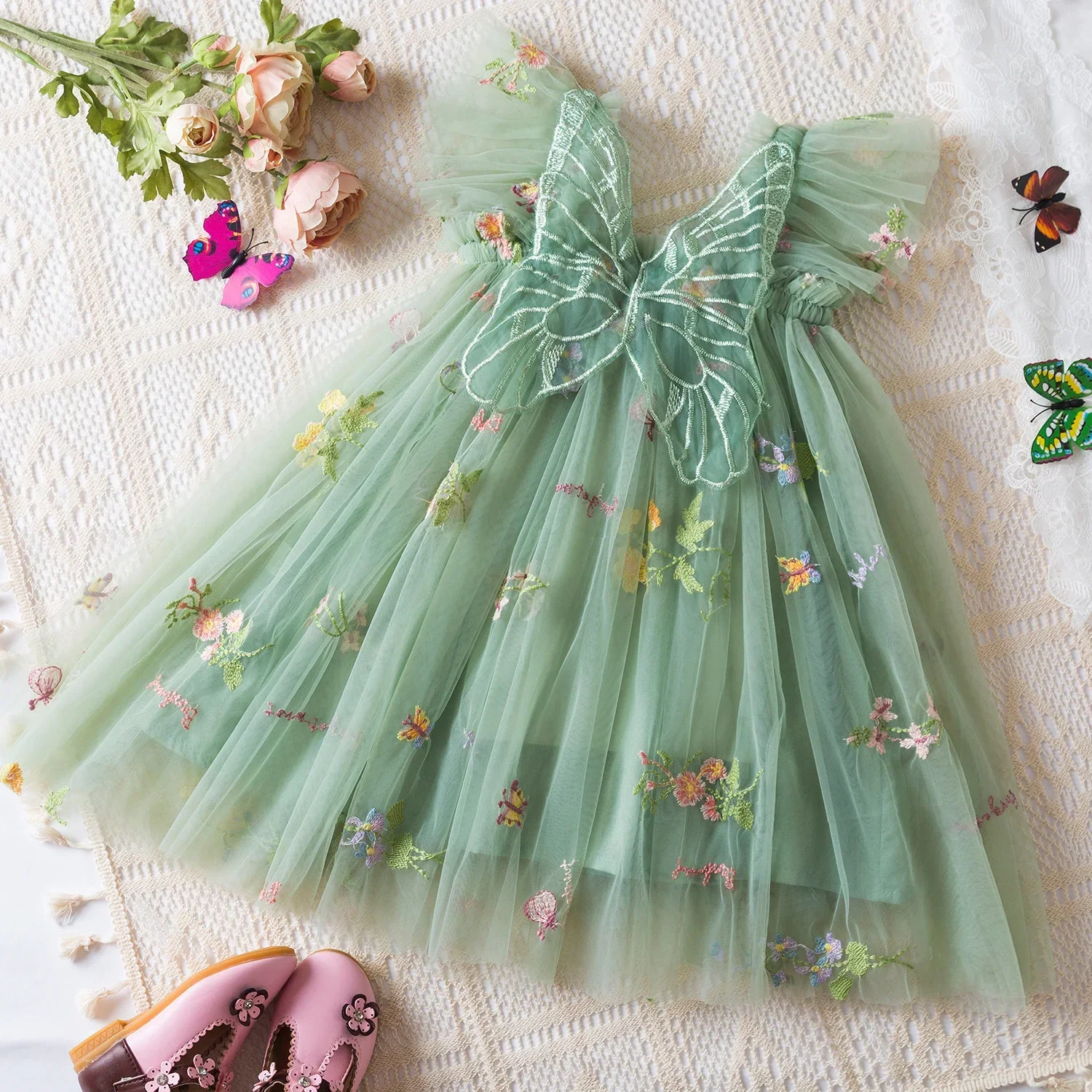 Baby Girls Summer Fashion Dress Girls Flying Sleeves Mesh Dresses with Butterfly Wings Children Flower Embroidery Tulle Dress