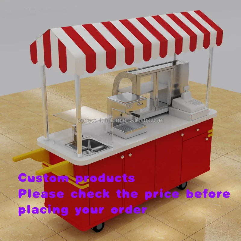custom.Red Style  Food Cart Cake  Coffee Stand in Street Hot Dog Cart Used