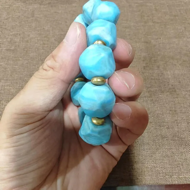 Unisex Handcrafted Elastic Bracelet Retro Bohemian Sky‑Blue Faceted Lampwork Glass Beads Gold‑Tone Spacers Wrist Jewelry