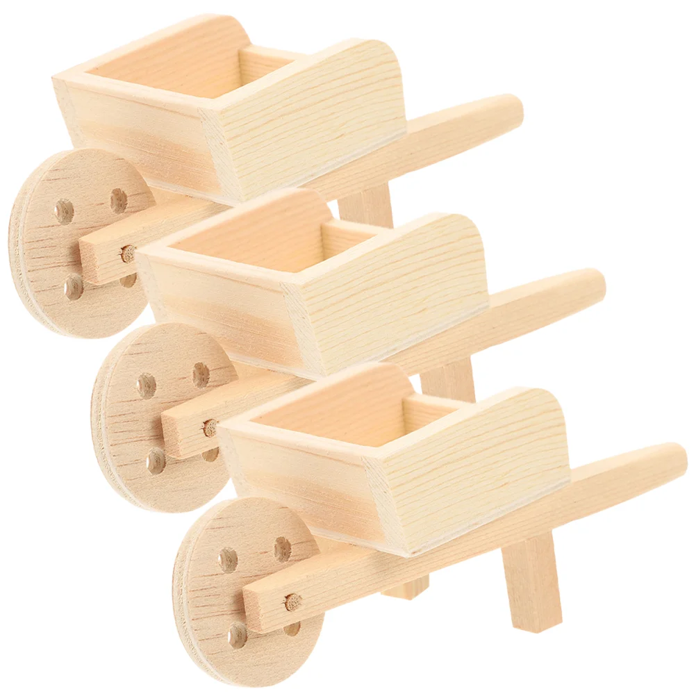 3 Pcs Mini Stroller Toy Toys Cart Wheelbarrows Models Flowerpot Miniature Wood Wooden Dolls House