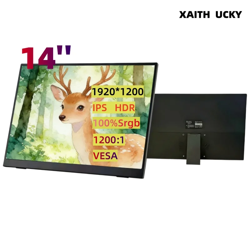 XAITH UCKY 14-inch Portable Monitor FHD 1920x1200 IPS 16:10 HDR Display with Built-in Stand, USB-C/HDMI Plug & Play, Compatible