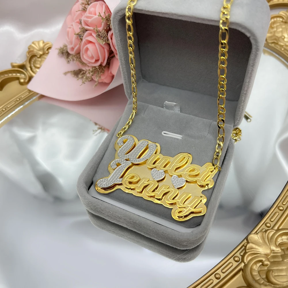 Imagem -02 - Colar de Nome Personalizado com Coração Dois Tons Necklace18k Ouro-placa Dupla Carta Pingente de Jóias Presente para Meninas Femininas