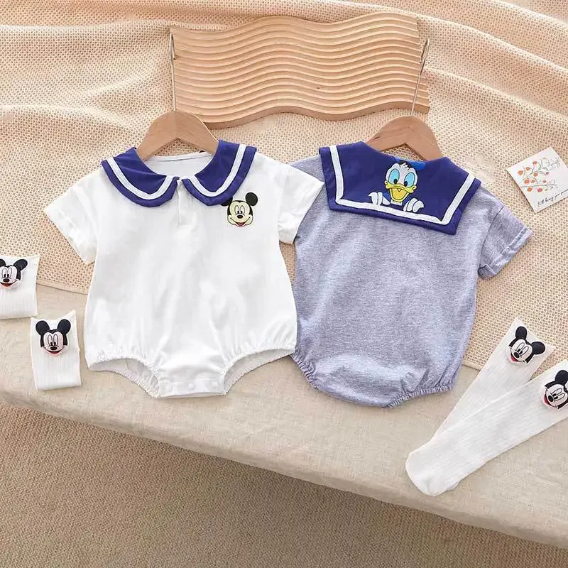 

Fashion Summer Newborn Baby Short Sleeve Rompers Sock Set Cartoon Mickey Mouse Donald Boys Girls Jumpsuit Infant Cotton Bodysuit