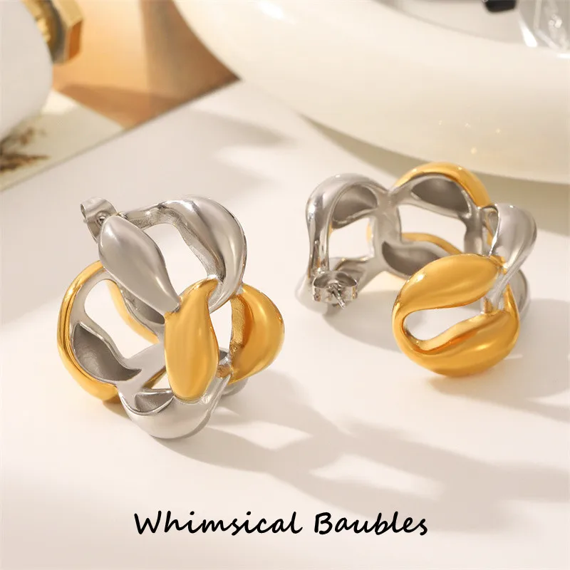 

Winter Trendy CC Shape Earrings 18k Gold Pvd Stainless Steel Retro Geometric Rope Double Color Stud Earrings Jewelry