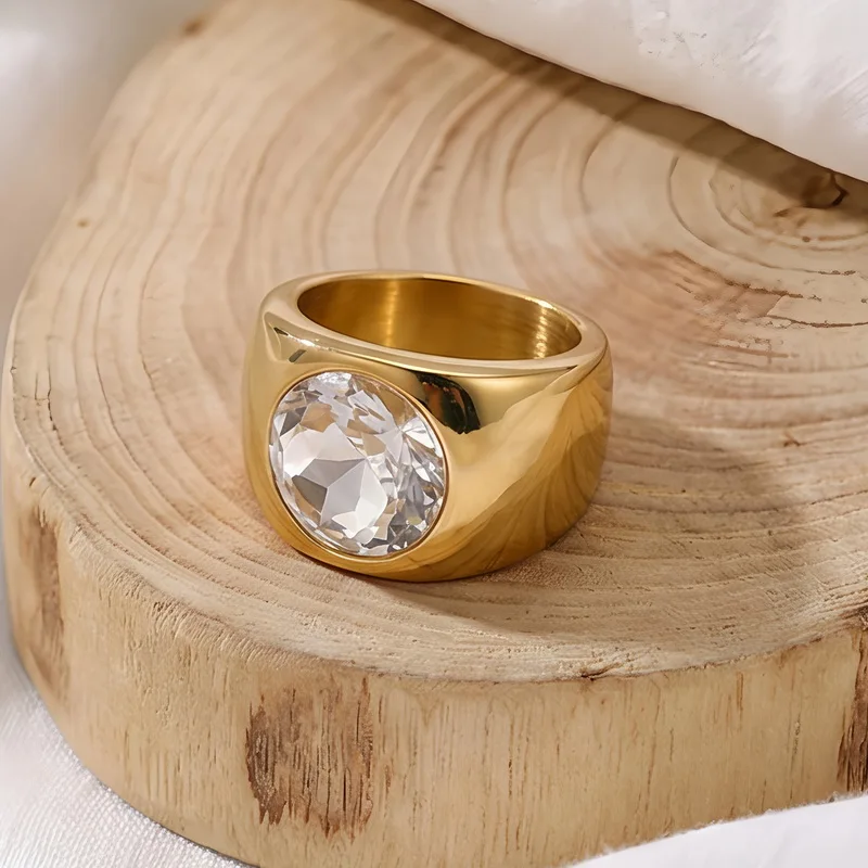 KALEN  Big Zircon Gold Color Stone Rings For Women Silver Color Polished Stainless Steel Bridal Sets Wedding Anillo Jewelry