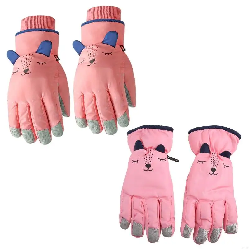 N80C Kids Winter Waterproof Snow Gloves Solid Color Cartoon Ears Thermal Insulated Windproof Sport Snowboard Ski Warm Mittens