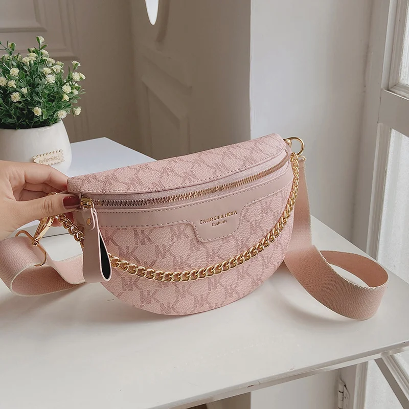 Luxury Letter Printed PU Leather Chain Waist Bags For Women Stylish Waist Pack Female Fanny Pack Wide Strap Crossbody Chest Bag