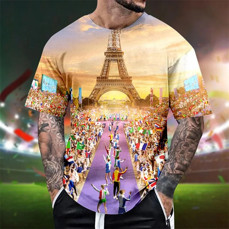 2024 Paris Sports Meeting T Shirt For Men Full Print Eiffel Tower Graphic Tee Shirts Mens Short Sleeve Large Size T Shirts Tops