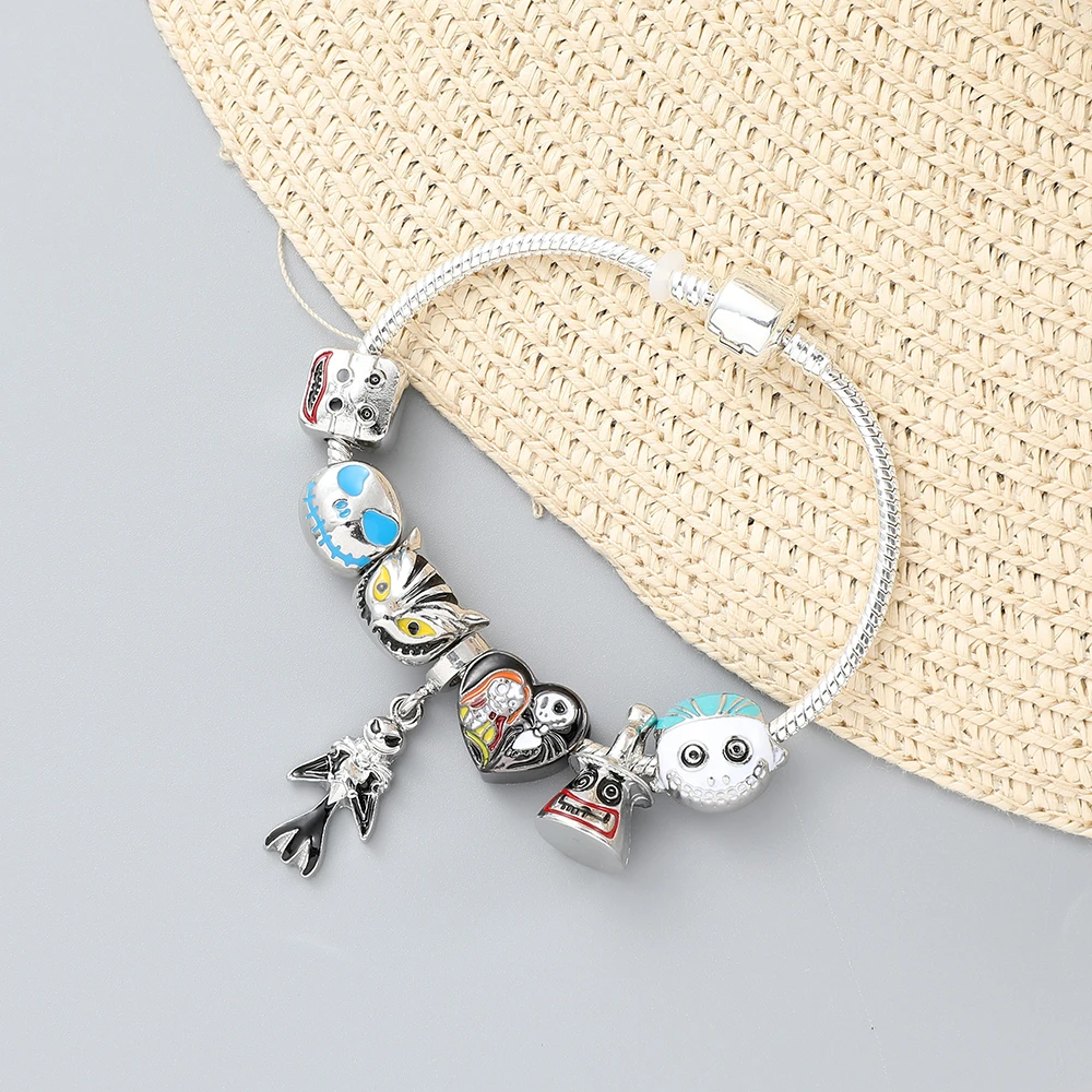 The Nightmare Before Christmas Bracelets Jack Skellington and Sally Pendant Bangle Disney Charm Bracelet for Women Jewelry