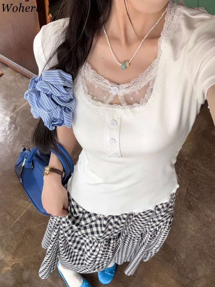 

White Halter Button All Match Tshirts for Women Patchwork Lace Hollow Out Tees Korean Summer Y2k Fashion Sweet Slim Fit T-shirt