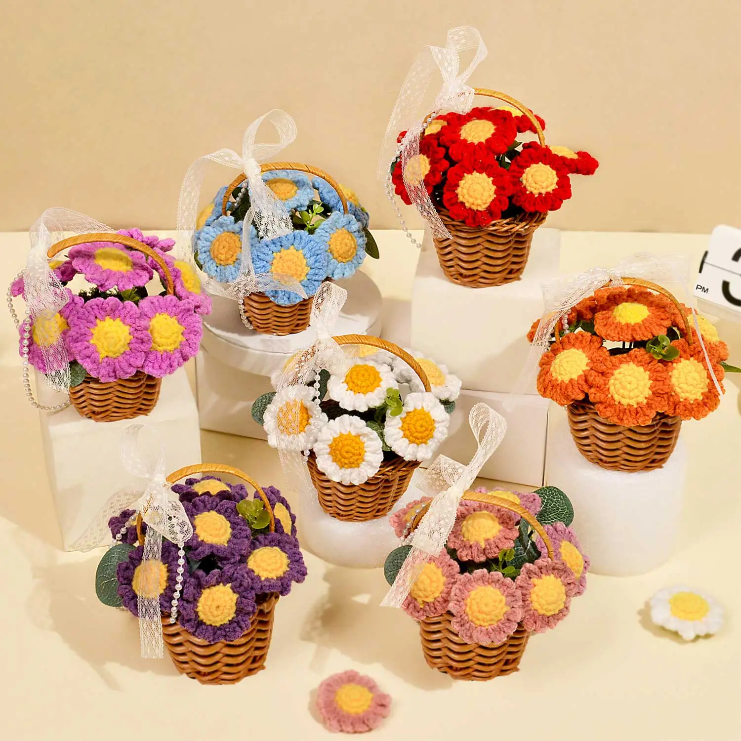 1 x handgefertigter gehäkelter Blumenstrauß, gestrickter Gänseblümchen-Blumenstrauß für Weihnachten, Heimdekoration, Geburtstagsgeschenk für Frau, Frau, Mutter – Detail 2