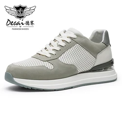 DESAI Men Casual Shoes Genuine Leather Light Male Running Shoes Sneakers Laces Up Breathable 2023 Punch Design Summer