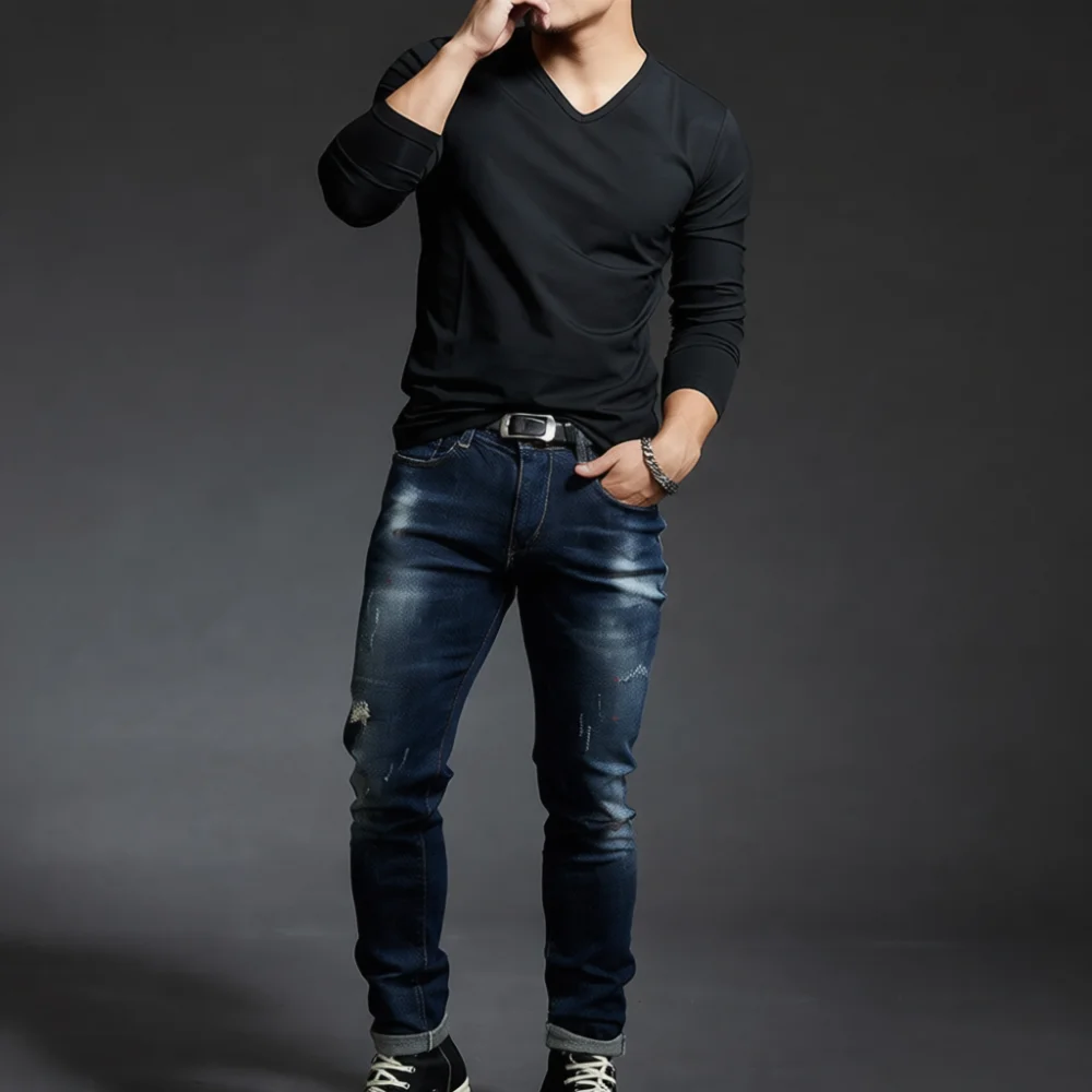 Mens Casual V Neck Long Sleeve T Shirt Slim Fit Base Layer Dark Gray Pullover Tops Breathable Stretchy Undershirt