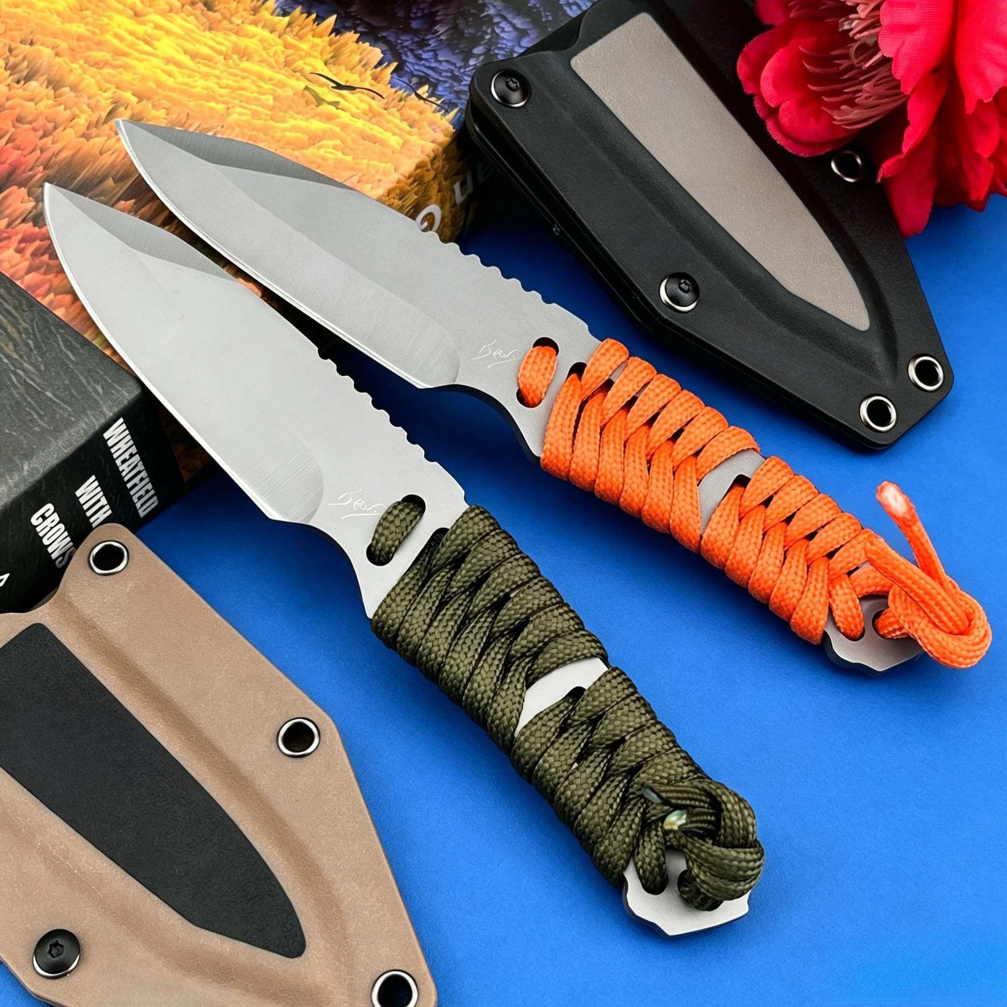 8Cr13MoV Fixed Blade for Outdoor Use – Nylon Cord Wrapped Grip Versatile Tool for Camping Fishing & Everyday Carry Great for Men