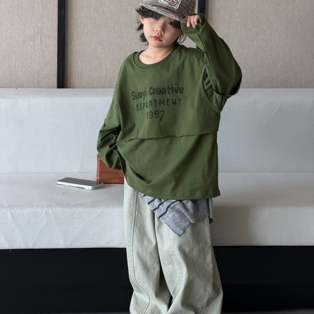 Boys Suit 2026 Spring and Autumn New Children's Wear Boys' and Girls' Letters Printed Fake Two T-shirts Wide-leg Pants Two Sets