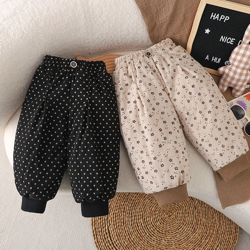 

2025 Kids Clothes Winter Pants Three-Layer Padded Warm Trousers Polka Dot Floral Print Cold-Resistant -15℃ Children's Pants