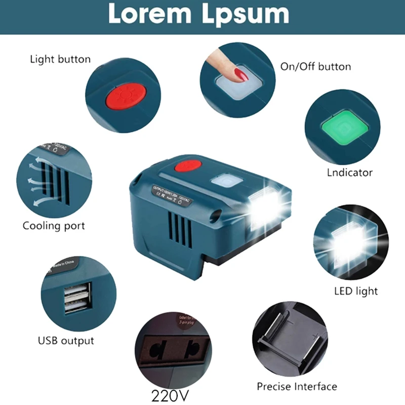 Inversor portátil de alimentação, bateria de lítio com saída AC e USB duplo, 200LM LED Light, Makita 18V, 150W, 220V