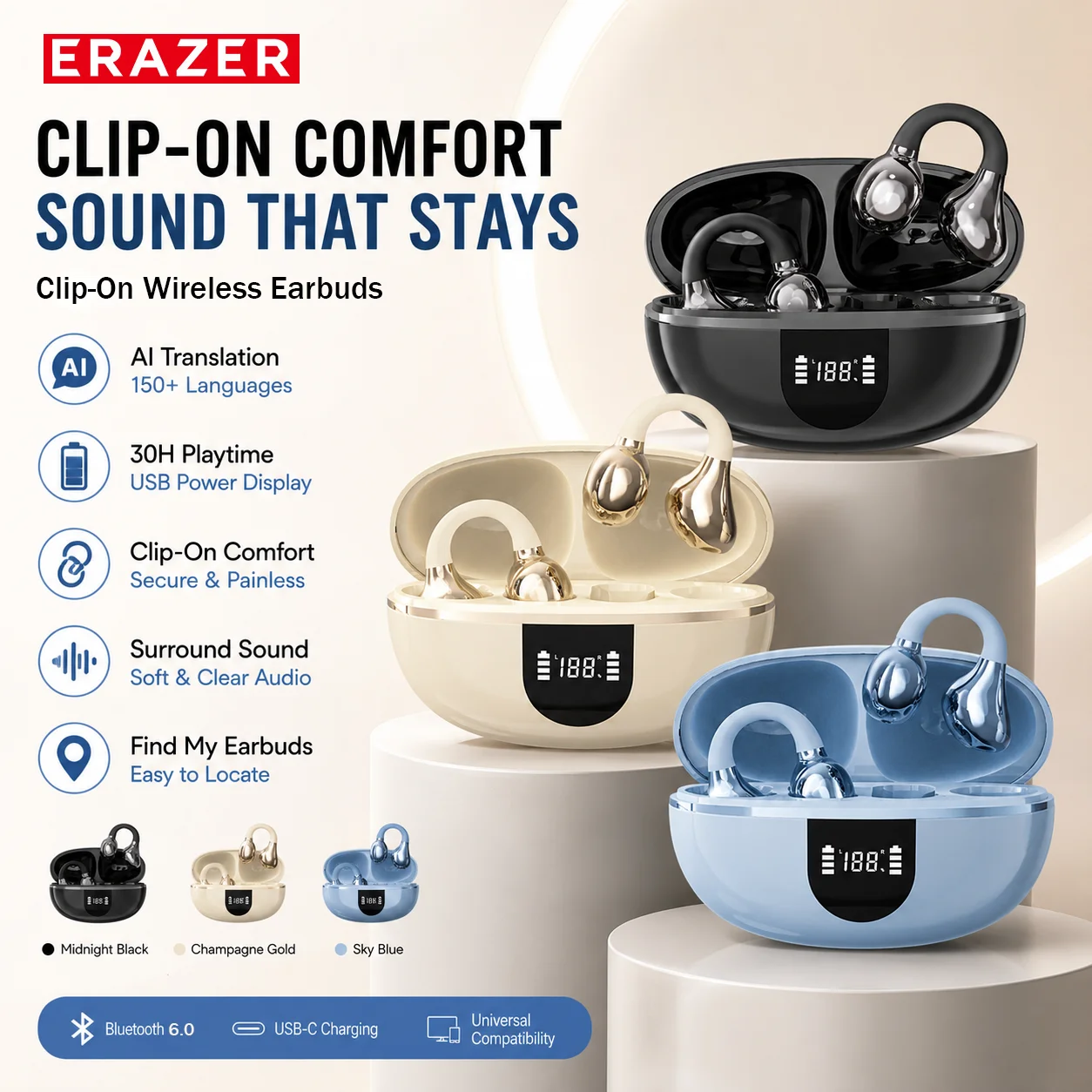 ERAZER EX338 AI-Übersetzer Clip-On Kabellose Ohrhörer Bluetooth 6.0 Open-Ear-Kopfhörer USB-Anzeige 30 Std. Spielzeit Find My Earbuds