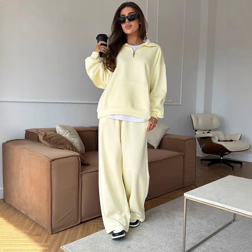 Women Casual Cotton Sets Zip Up Hoodie Pullover Drawstring Wide Leg Pants 2 Piece Matching Set